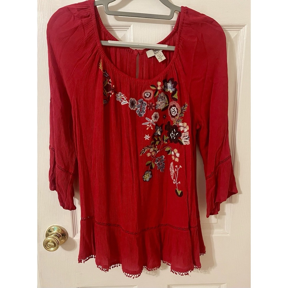 Vintage America Red Embroidered Peasant Blouse